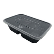 Zwarte Maaltijdbak PP 650ml met deksel, twee vakken, stapelbaar en voedselveilig geschikt voor magnetron, vriezer en vaatwasser.