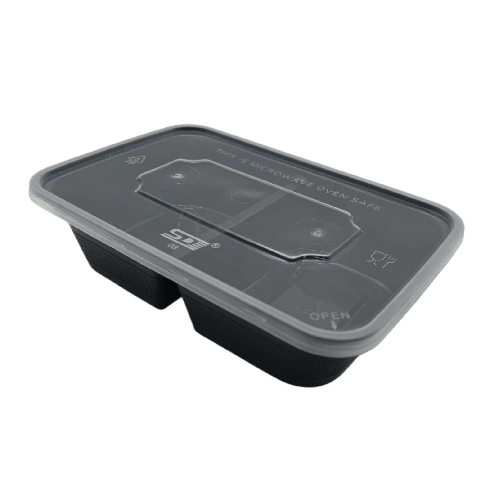 Zwarte Maaltijdbak PP 650ml met deksel, twee vakken, stapelbaar en voedselveilig geschikt voor magnetron, vriezer en vaatwasser.