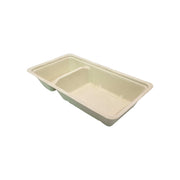 Stack of 500 plastic-free frietbakjes made from sustainable suikerriet bagasse in natural color, size 168x94x30 mm