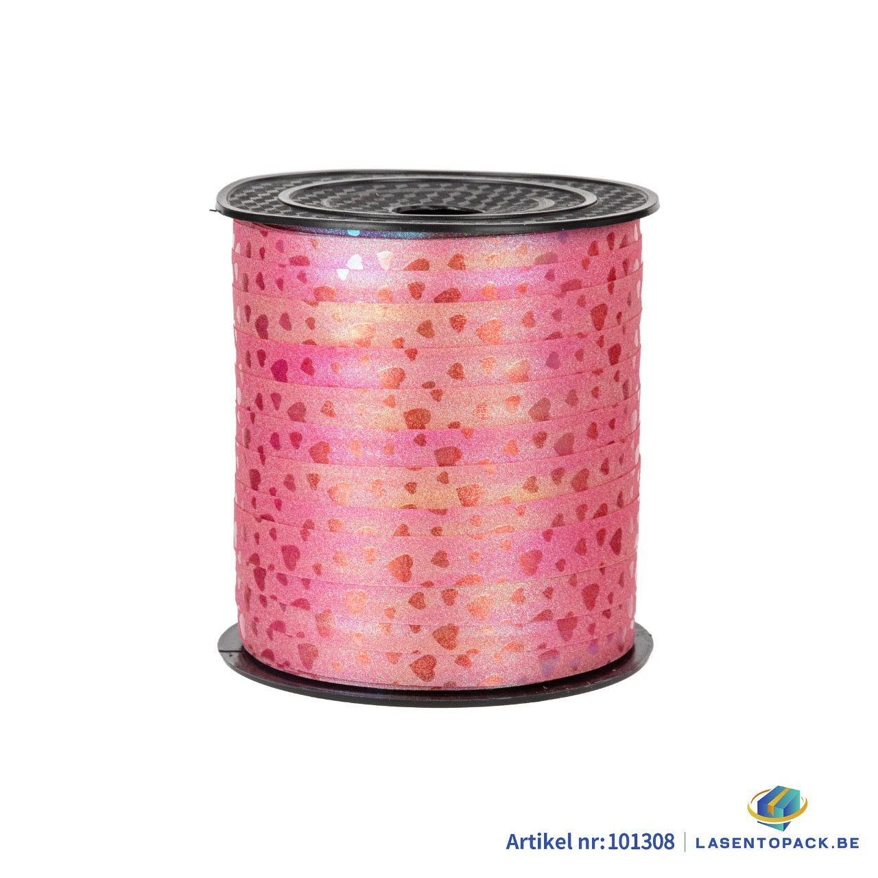 Krullint 10 mm x 100 meter fuchsia met Hart print