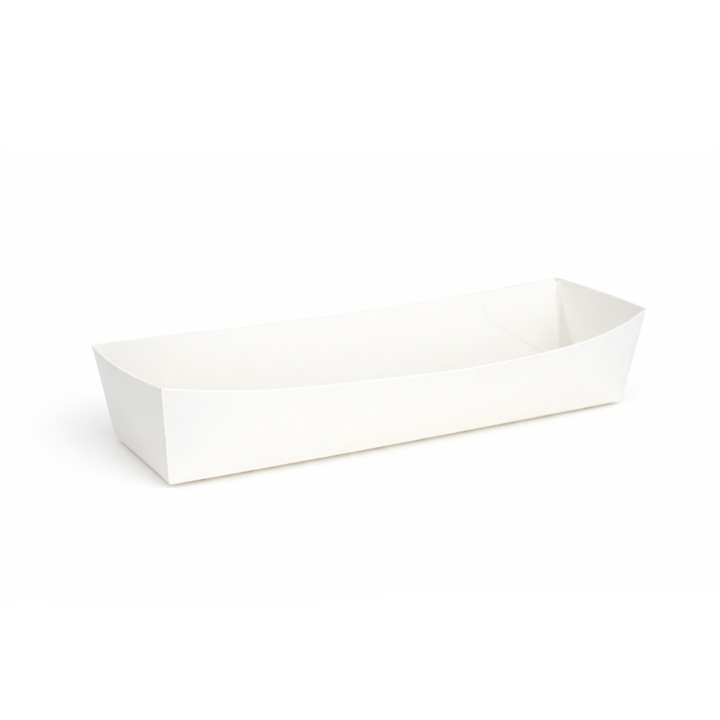 Wit kartonnen frikandelbakje Large A16L voor lange snacks, 21x4x4 cm, 500 stuks
